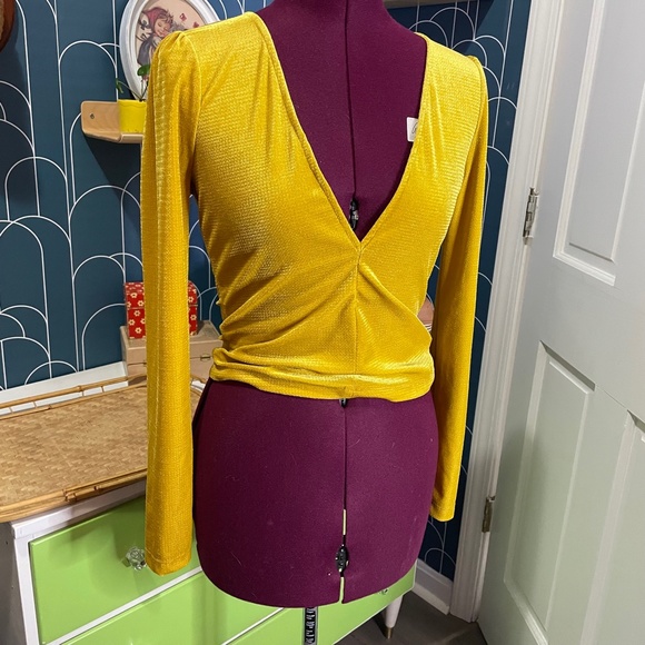 Gold Velvet Deep V Long Sleeve Top Size Medium - Picture 2 of 8